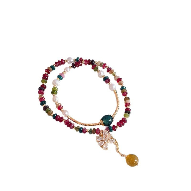 Colorful Wheel Stone Bracelet with Flower Design