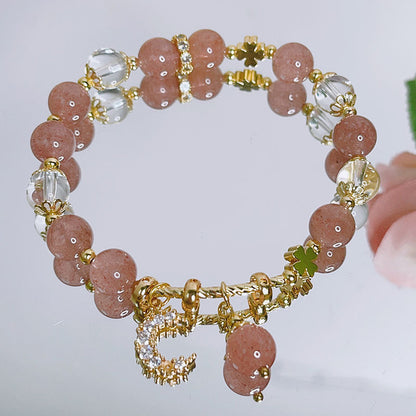 Strawberry Crystal Moon Bracelet with Micro-Inlaid Zirconia