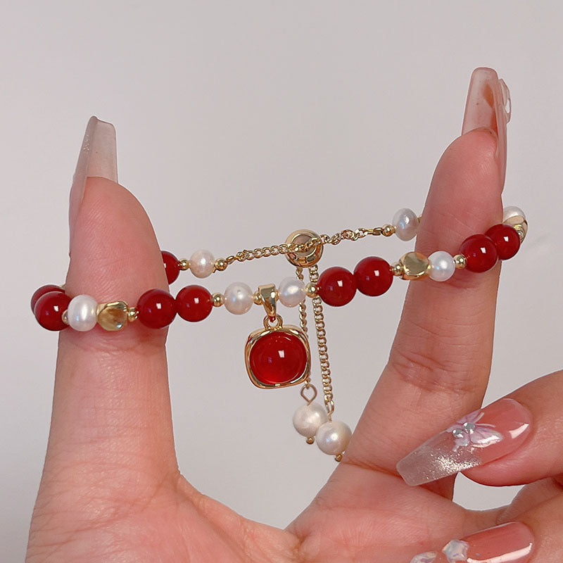 New Year Pearl Design Red Agate Bracelet Lucky Grass Bellflower Five Road God of Wealth Bracelet