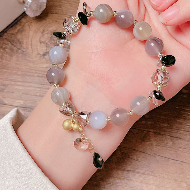 New Year Celebration Agate Bracelet Vintage Gold Gourd Gray Green Agate Beaded Bracelet Women