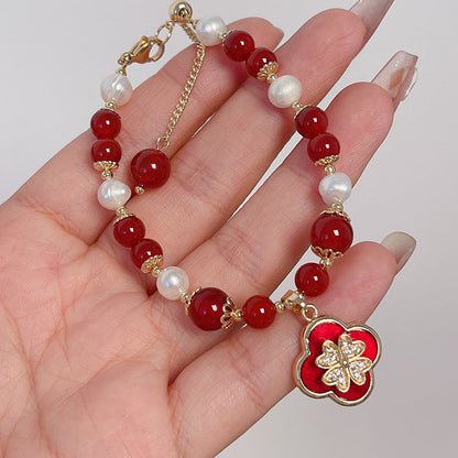 New Year Pearl Design Red Agate Bracelet Lucky Grass Bellflower Five Road God of Wealth Bracelet