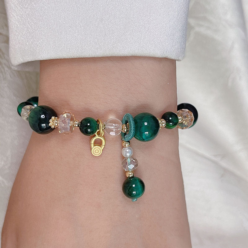 Lucky Tiger Eye Stone Bracelet with Folk Style Cloud and Flower Pendant