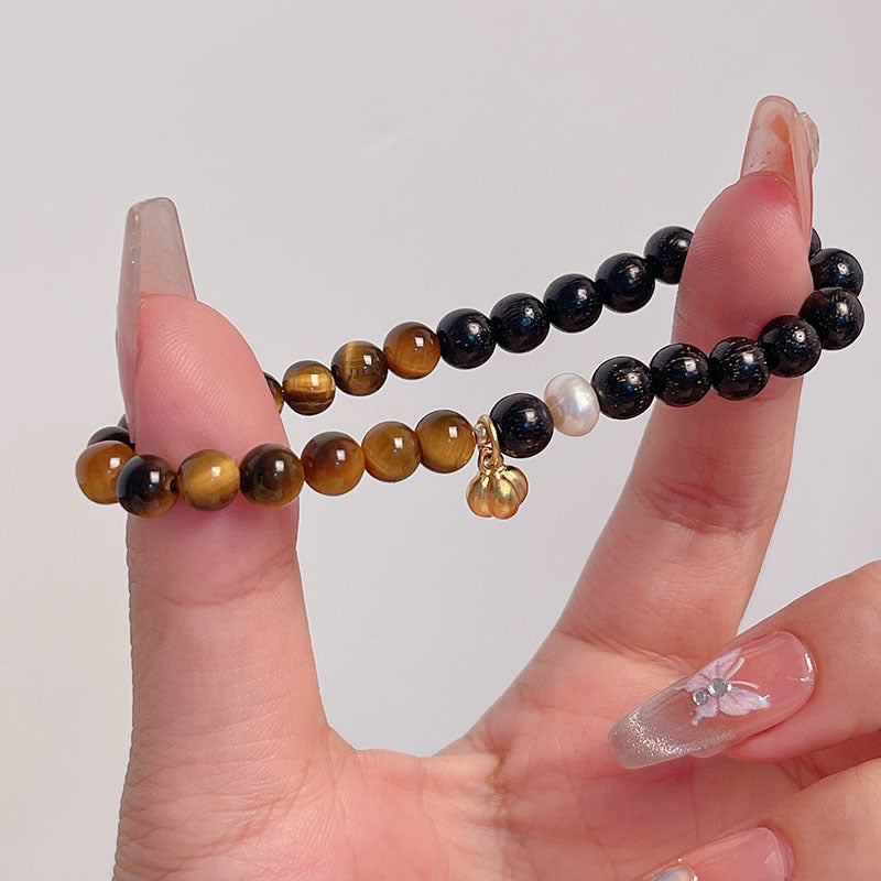 Lucky Tiger Eye Stone Bracelet with Folk Style Cloud and Flower Pendant