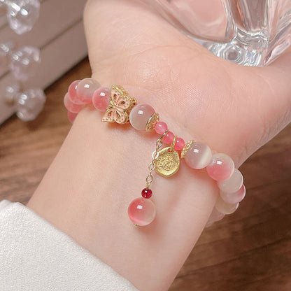 Fairy Pink Gradient Cat Eye Stone Bracelet Women INS Simple Design Peach Butterfly High-end Sense Bestie Accessory