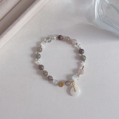 Gray Moonstone Good Luck Bracelet with Green Strawberry Crystal Safety Buckle Blessing Pendant Unisex Jewelry