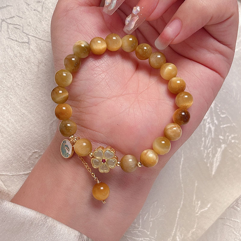 Lucky Tiger Eye Stone Bracelet with Folk Style Cloud and Flower Pendant