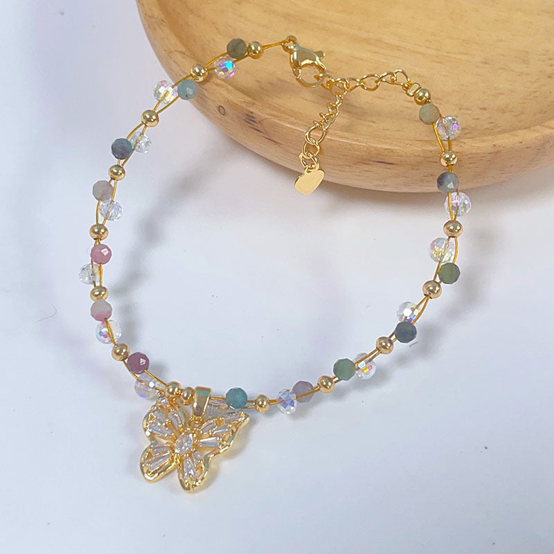 Colorful Beryl Bracelet with Metal Weaving and Zircon Butterfly