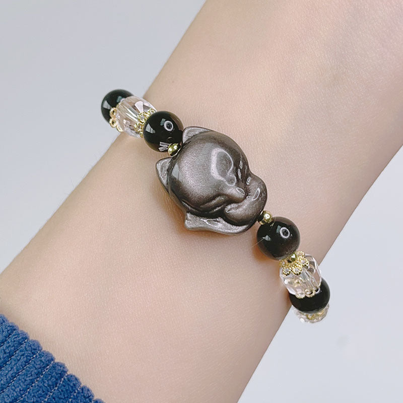 Silver Glitter Stone Carved Accessories Bracelet with Lucky Fox, Pixiu, Lion, etc. Beaded Crystal Bracelet Bestie Jewelry