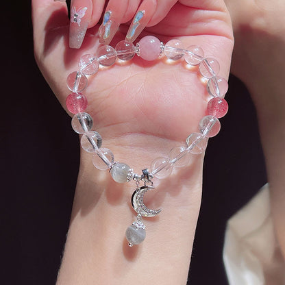 Natural White Crystal Beaded Bracelet with Silver Moon, Fish Tail, Flower Pendant