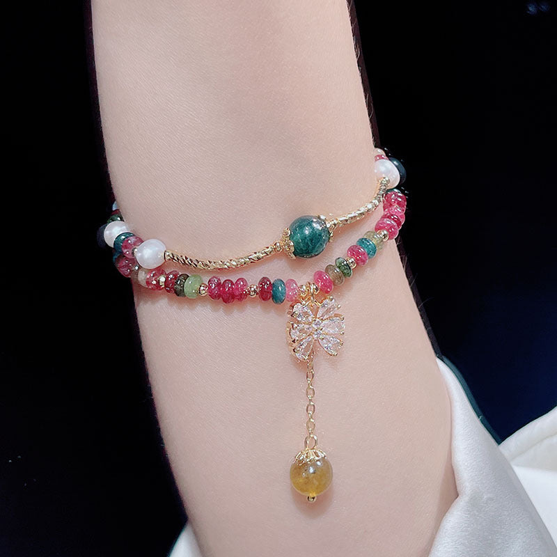 Colorful Wheel Stone Bracelet with Flower Design