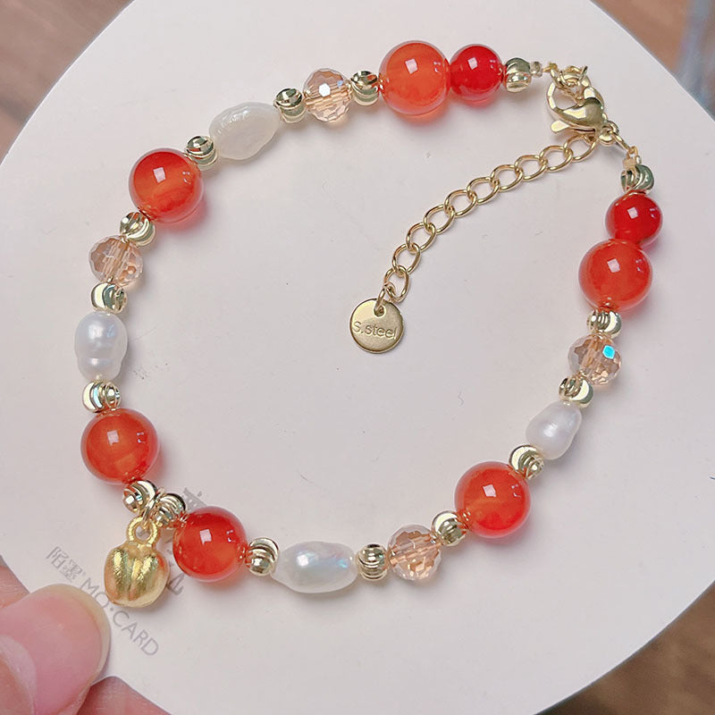 Pumpkin Red Agate Bracelet Chinese Style Beaded Stackable Accessory Gift Jewelry