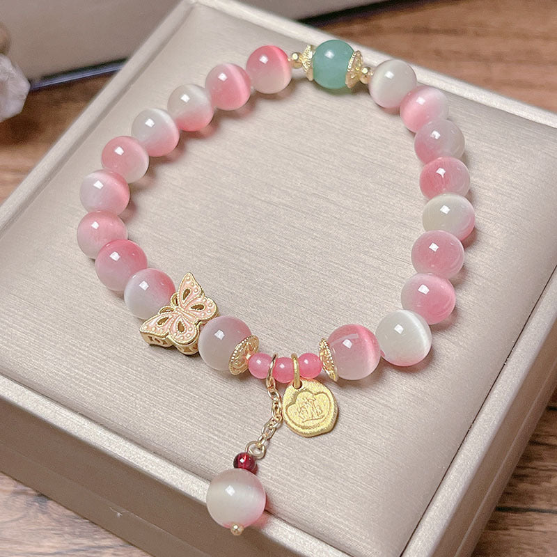 Fairy Pink Gradient Cat Eye Stone Bracelet Women INS Simple Design Peach Butterfly High-end Sense Bestie Accessory