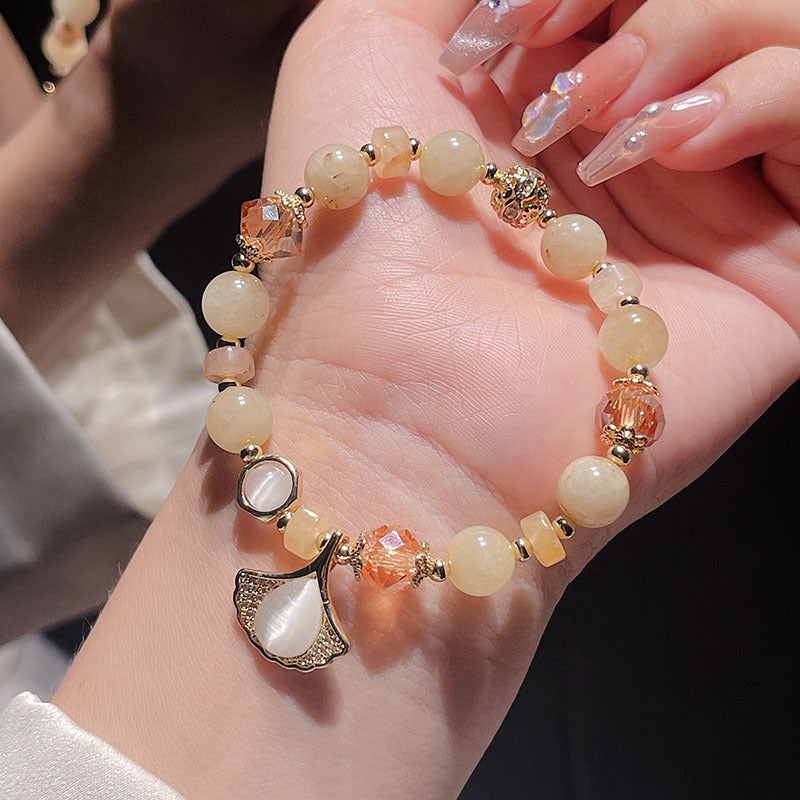 Golden Ginkgo Leaf Bracelet with Cat's Eye Stone