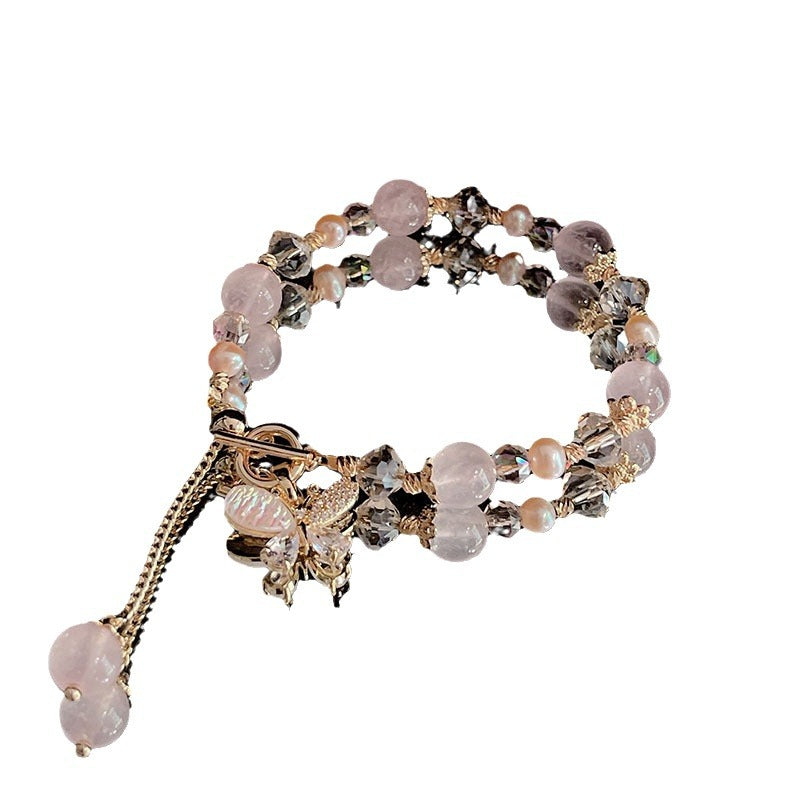 Pink Crystal Pearl Heart Butterfly Pendant Bracelet