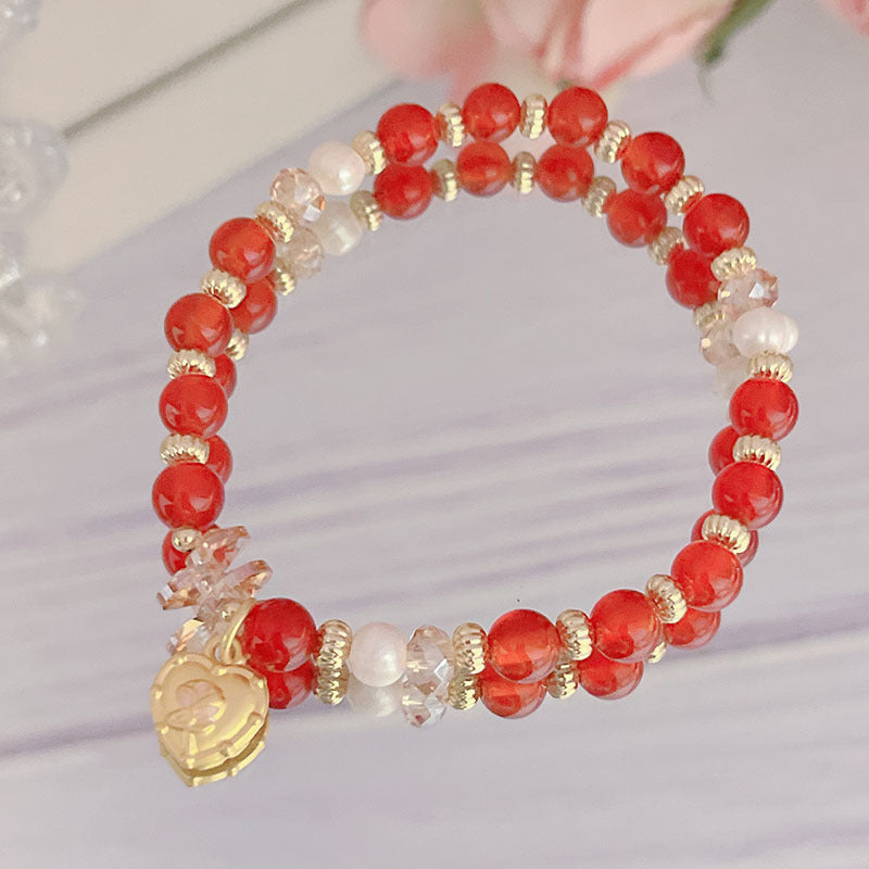 Pumpkin Red Agate Bracelet Chinese Style Beaded Stackable Accessory Gift Jewelry