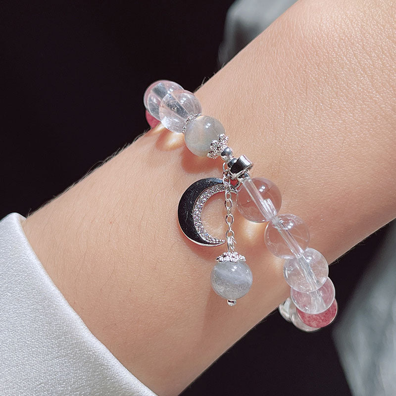 Natural White Crystal Beaded Bracelet with Silver Moon, Fish Tail, Flower Pendant