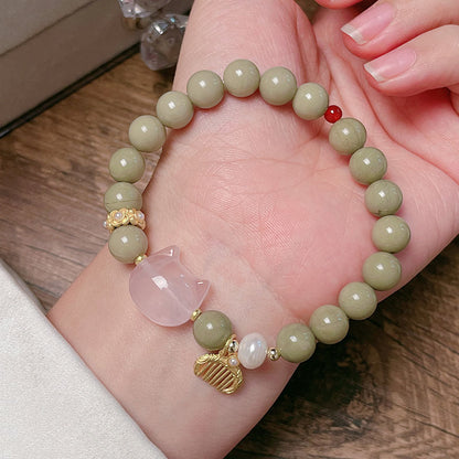 Natural Alashan Avocado Green Bead Bracelet Chinese Design Pink Crystal Love Cat Head Nine-tailed Fox Bracelet