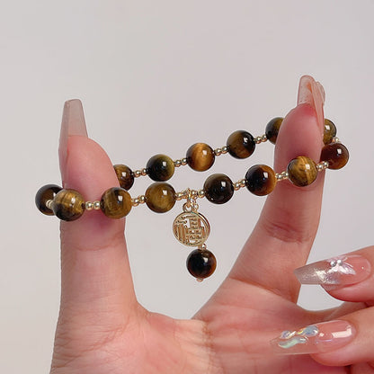 Lucky Tiger Eye Stone Bracelet with Folk Style Cloud and Flower Pendant