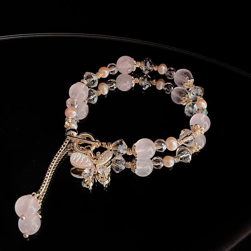 Pink Crystal Pearl Heart Butterfly Pendant Bracelet