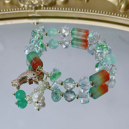 Dolphin Lover Bracelet with Bamboo Agate Crystal Chips