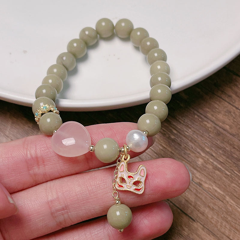 Natural Alashan Avocado Green Bead Bracelet Chinese Design Pink Crystal Love Cat Head Nine-tailed Fox Bracelet