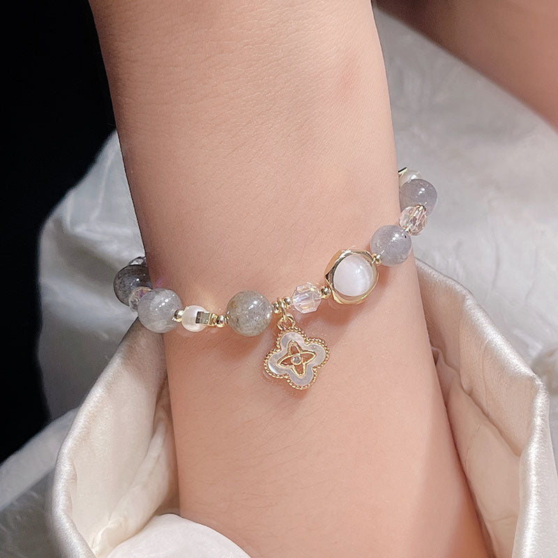 Natural Crystal Bracelet with Hollow Lucky Clover Pendant Gray Moonlight Yellow Hair Crystal Bead String Bracelet Crystal Stone Jewelry