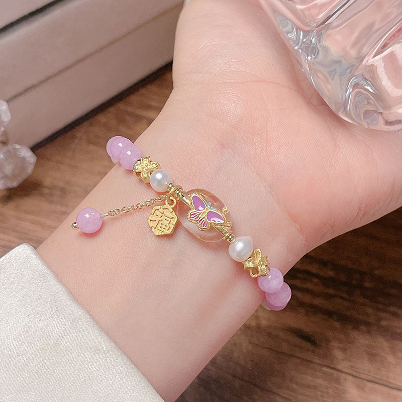 Original Design Pink and Purple Lucky Butterfly Natural Stone Freshwater Pearl Bracelet