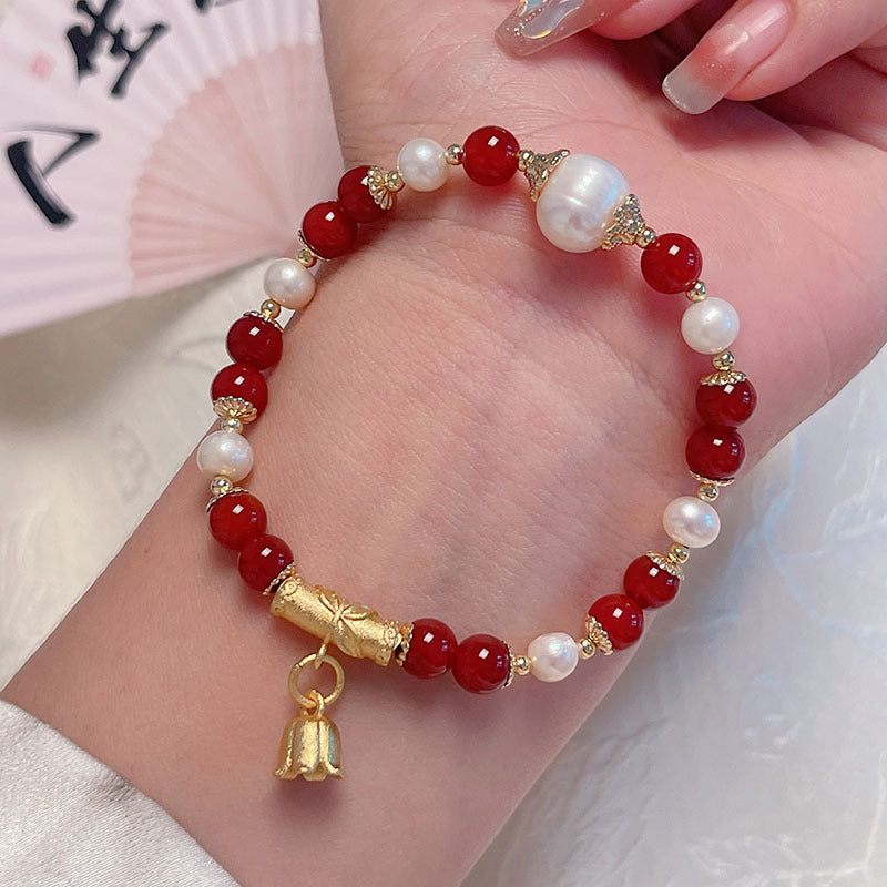 New Year Pearl Design Red Agate Bracelet Lucky Grass Bellflower Five Road God of Wealth Bracelet