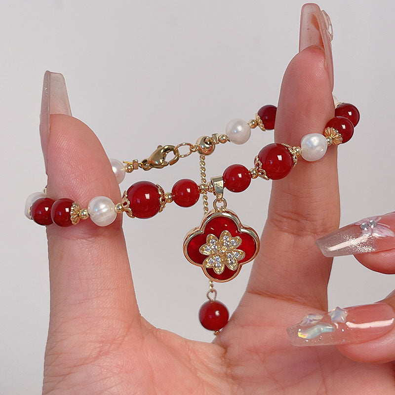 New Year Pearl Design Red Agate Bracelet Lucky Grass Bellflower Five Road God of Wealth Bracelet