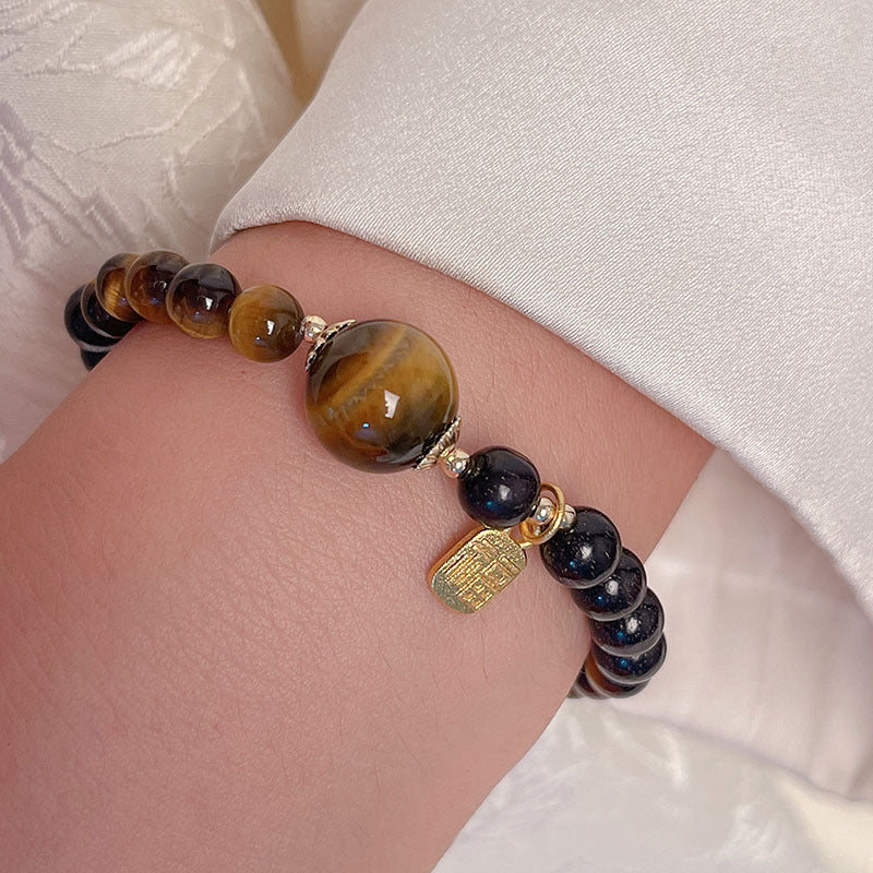 Lucky Tiger Eye Stone Bracelet with Folk Style Cloud and Flower Pendant