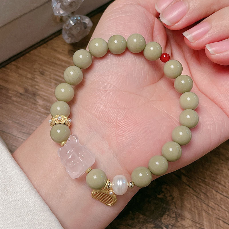 Natural Alashan Avocado Green Bead Bracelet Chinese Design Pink Crystal Love Cat Head Nine-tailed Fox Bracelet