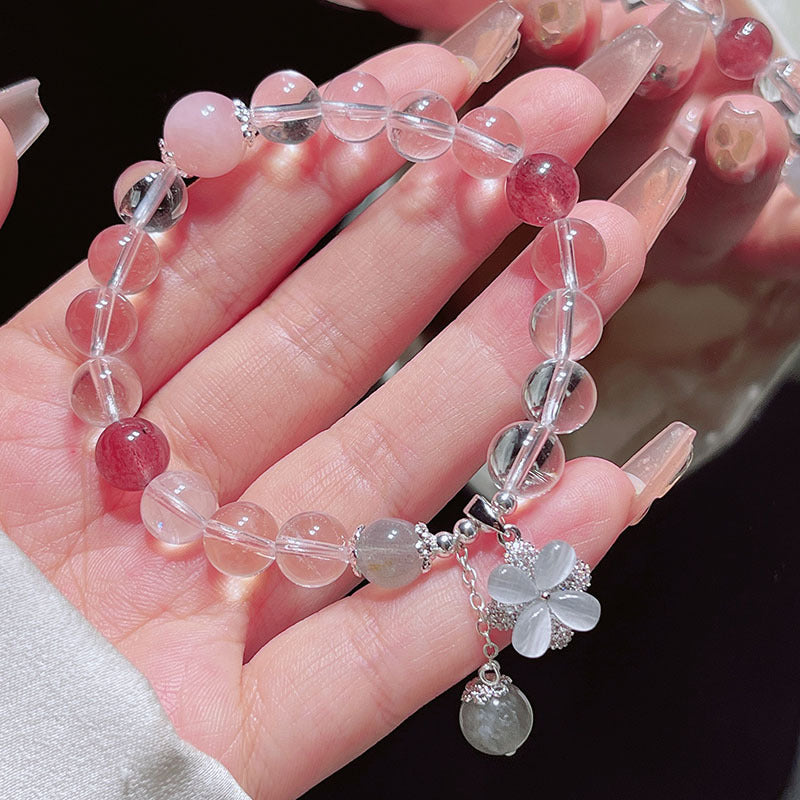 Natural White Crystal Beaded Bracelet with Silver Moon, Fish Tail, Flower Pendant