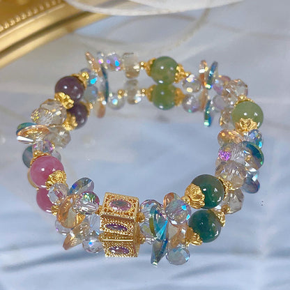 Colorful Beryl Bracelet with Metal Weaving and Zircon Butterfly