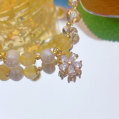 Minimalist Flower Bracelet with Crystal Strawberry Quartz and Citrine Beads