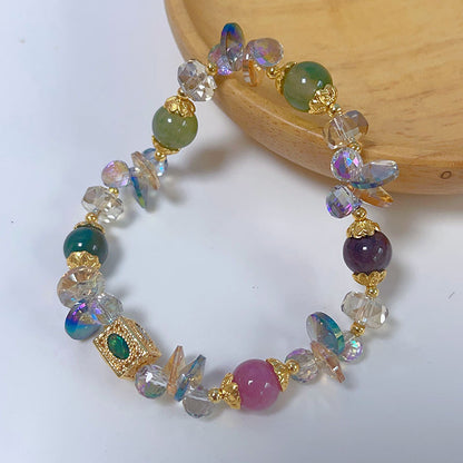 Colorful Beryl Bracelet with Metal Weaving and Zircon Butterfly