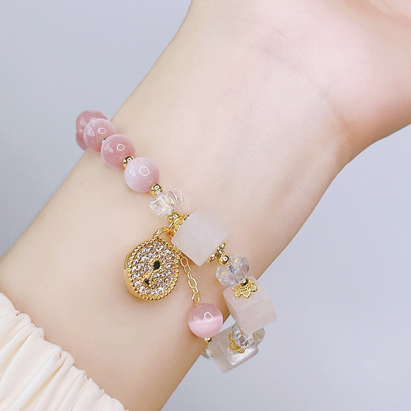 Sweet Love Heart Lock Bracelet with Cat Eye Stone for Girlfriend Gift