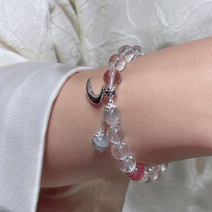 Natural White Crystal Beaded Bracelet with Silver Moon, Fish Tail, Flower Pendant