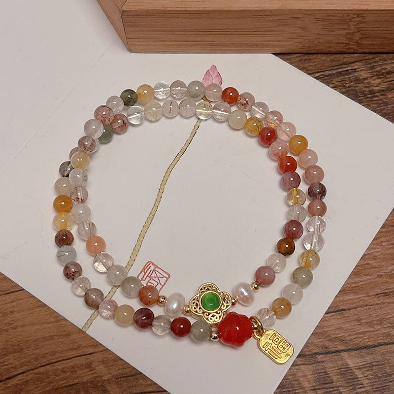 Double Circle Colorful Crystal Lucky Grass Chinese Style Bracelet