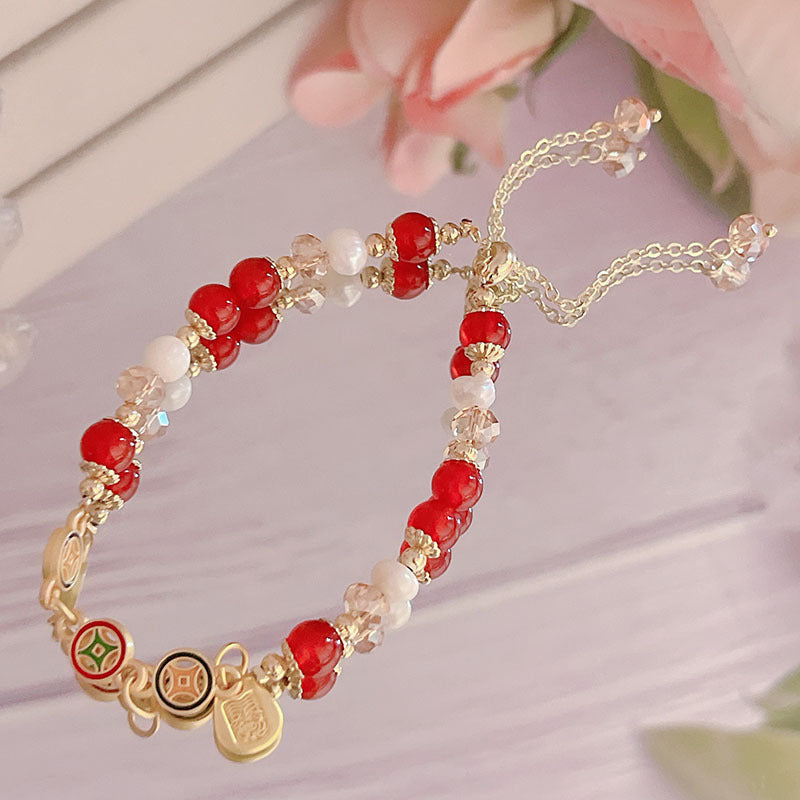 Pumpkin Red Agate Bracelet Chinese Style Beaded Stackable Accessory Gift Jewelry