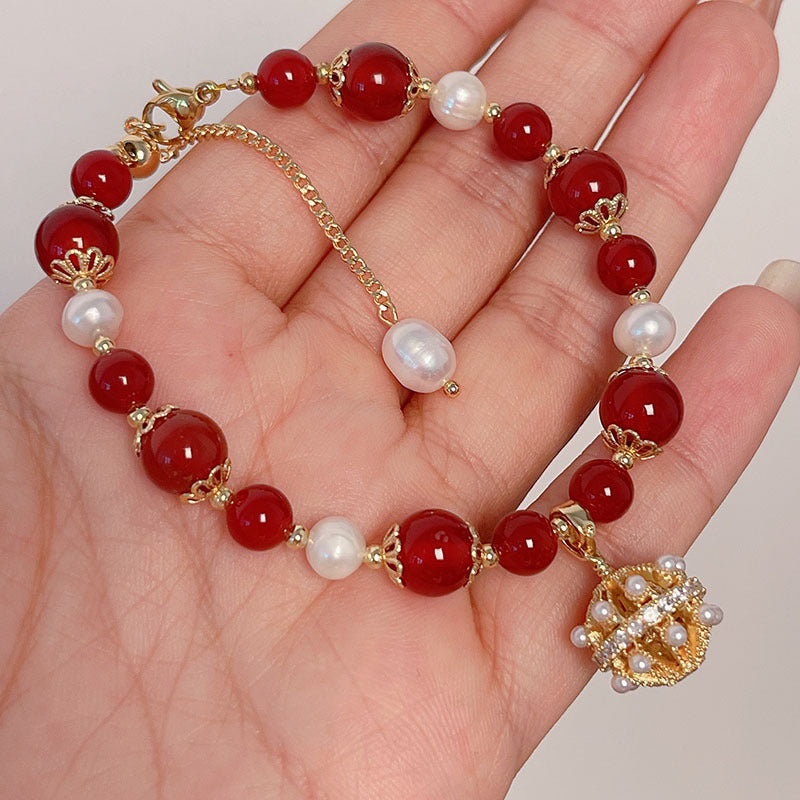 New Year Pearl Design Red Agate Bracelet Lucky Grass Bellflower Five Road God of Wealth Bracelet