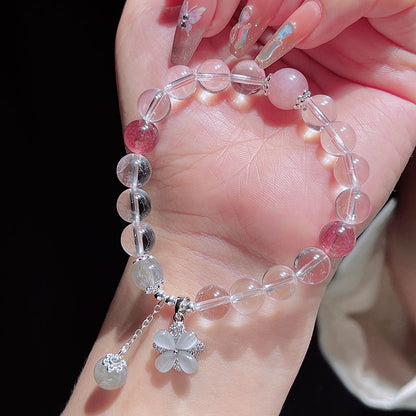 Natural White Crystal Beaded Bracelet with Silver Moon, Fish Tail, Flower Pendant