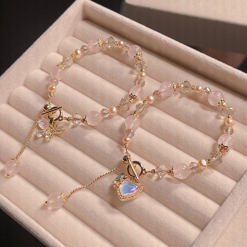 Pink Crystal Pearl Heart Butterfly Pendant Bracelet