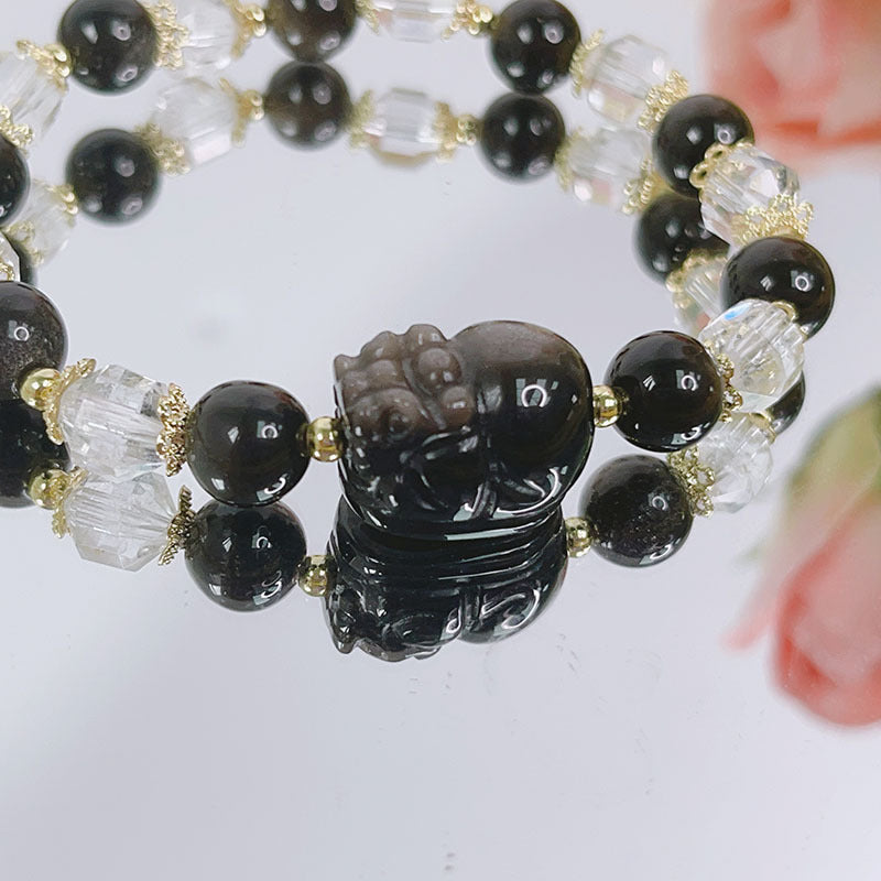 Silver Glitter Stone Carved Accessories Bracelet with Lucky Fox, Pixiu, Lion, etc. Beaded Crystal Bracelet Bestie Jewelry