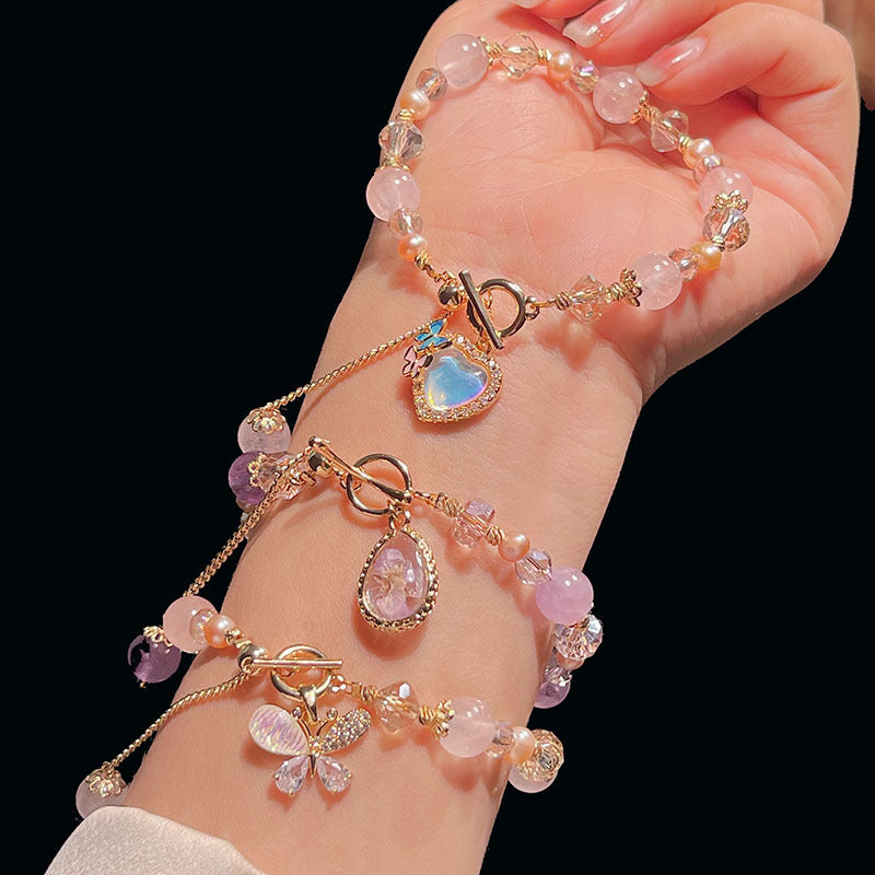 Pink Crystal Pearl Heart Butterfly Pendant Bracelet