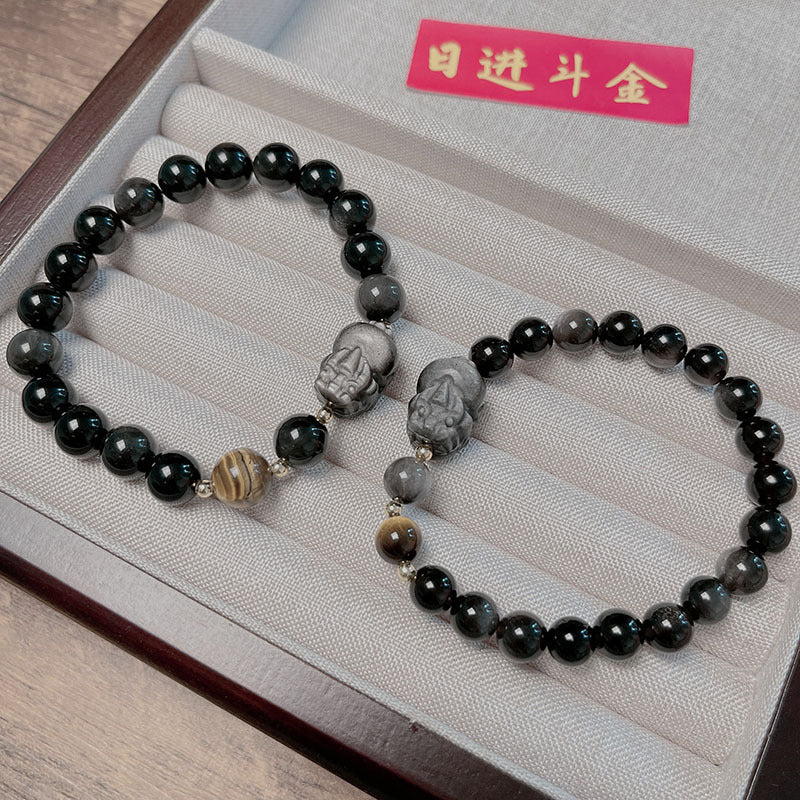 Natural Silver Obsidian Bracelet with Lion Head Pi Xiu Couple Bracelet