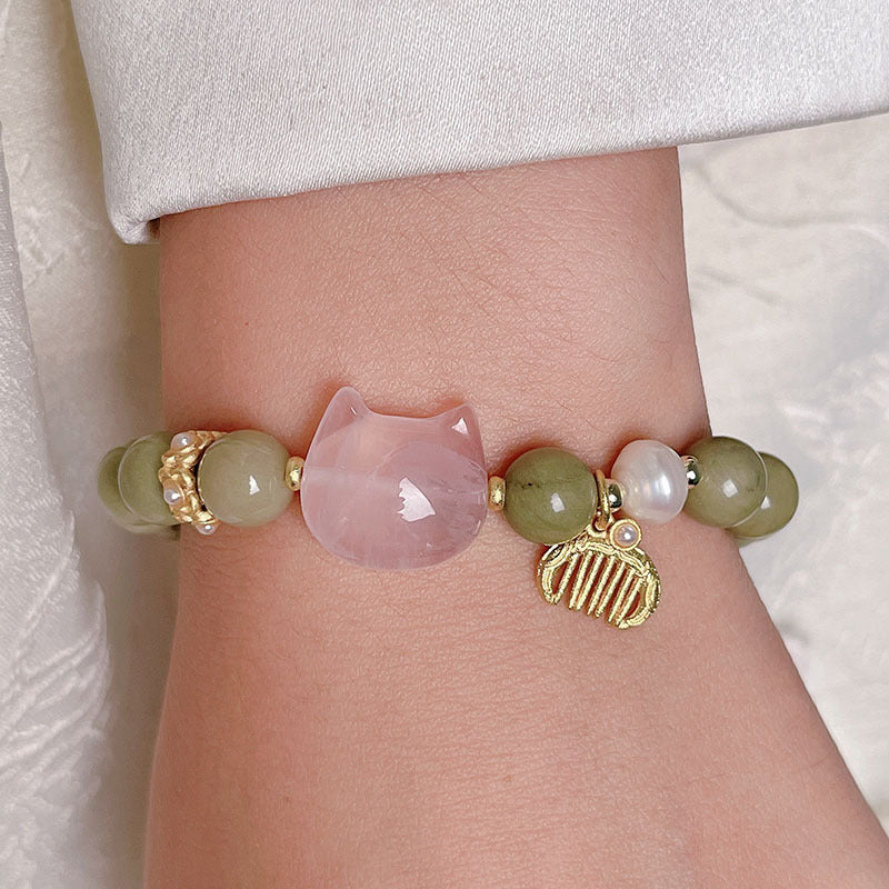 Natural Alashan Avocado Green Bead Bracelet Chinese Design Pink Crystal Love Cat Head Nine-tailed Fox Bracelet