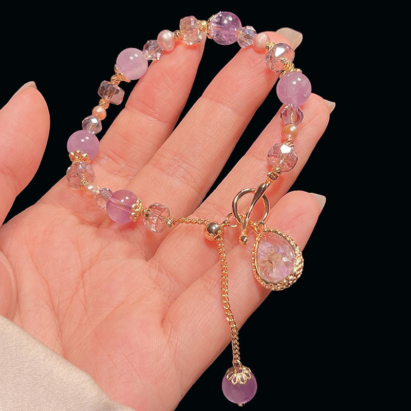 Pink Crystal Pearl Heart Butterfly Pendant Bracelet