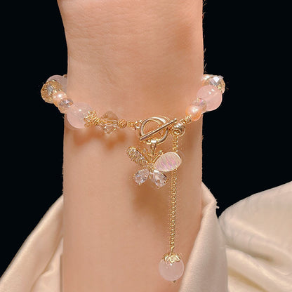 Pink Crystal Pearl Heart Butterfly Pendant Bracelet