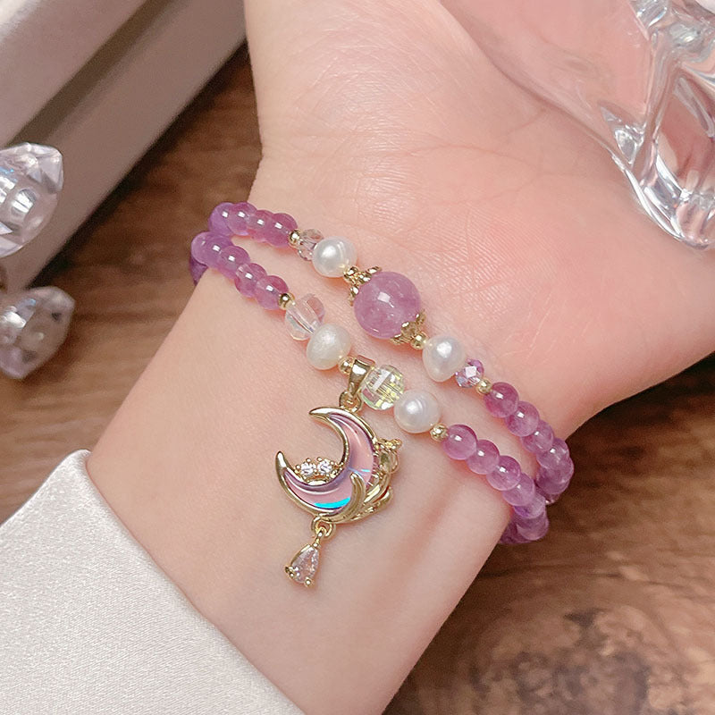 Double Circle Amethyst Crystal Bracelet with Moon Heart Pendant