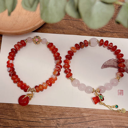 Natural Agate Wheel Bead Bracelet Ethnic Style Vintage Red Agate Safety Buckle Bamboo Pendant Bracelet Bead String